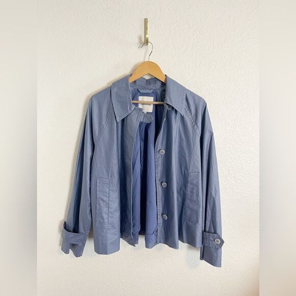 Madewell short trench coat Laminated Button Up Long Sleeve Coat in blue. M - Picture 5 of 12